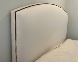 Mandarine Sourced Off-White Herringbone Upholstered Queen Bed Frame with Nail Head Trim. Height Measures 56" H. Photo 3 of 6.