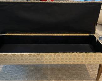 Material Possessions Storage Bench with Burl Wood Legs. Measures 54" W x 19" D x 20" H. Has Two Red Fingernail Polish Spots. Photo 4 of 5.