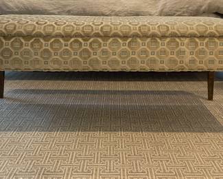 Material Possessions Storage Bench with Burl Wood Legs. Measures 54" W x 19" D x 20" H. Has Two Red Fingernail Polish Spots. Photo 1 of 5.