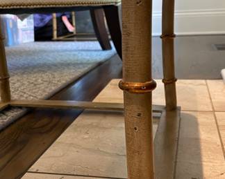 Baker Furniture Gilt Faux Bamboo Frame Bench with "Stormy Ocean Blue" Faux Mohair Performance Fabric. Each Measures 19" x 19" with 19" Seat Height. Some Wear. Photo 4 of 4.