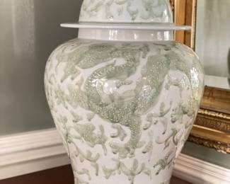 Vintage Celadon Lotus Temple Ginger Jars- 2 Available. VERY HEAVY! Each Measures 24" H x 14"D at Widest. Photo 1 of 4.