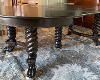 Vintage Walnut Finish 54" Round Jacobean Style Dining Table with Barely Twist Legs and Claw Feet. Extends to 93" with 4 Leaves. 29" H with 4" Apron. Photo 3 of 9.