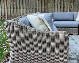 RH Provence Classic Size L Shape Modular Sectional Sofa. Set Includes 1 Modular Left and 1 Modular Right Arm Chair Plus Cushions, 2 Modular Armless Chairs Plus Cushions, 1 Corner Chair Plus Cushions and Ottoman Plus Cushion. Measures As Picture 108.75" x 108.75" x 36.25" D. All Cushions Are Perennials Textured Basketweave Fog. Photo 4 of 4.