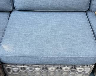 RH Provence Classic Size L Shape Modular Sectional Sofa. Set Includes 1 Modular Left and 1 Modular Right Arm Chair Plus Cushions, 2 Modular Armless Chairs Plus Cushions, 1 Corner Chair Plus Cushions and Ottoman Plus Cushion. Measures As Picture 108.75" x 108.75" x 36.25" D. All Cushions Are Perennials Textured Basketweave Fog. Photo 3 of 4.