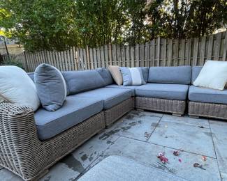 RH Provence Classic Size L Shape Modular Sectional Sofa. Set Includes 1 Modular Left and 1 Modular Right Arm Chair Plus Cushions, 2 Modular Armless Chairs Plus Cushions, 1 Corner Chair Plus Cushions and Ottoman Plus Cushion. Measures As Picture 108.75" x 108.75" x 36.25" D. All Cushions Are Perennials Textured Basketweave Fog. Photo 2 of 4.