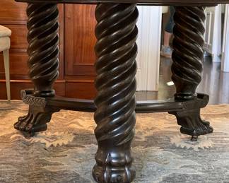 Vintage Walnut Finish 54" Round Jacobean Style Dining Table with Barely Twist Legs and Claw Feet. Extends to 93" with 4 Leaves. 29" H with 4" Apron. Photo 6 of 9.