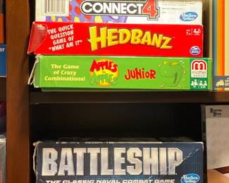 Battleship, Qwirkle, Connect 4, Apples to Apples Junior, I've Never Games.