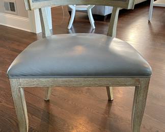 Set of 5 Global Views Klismos Dining Chairs with Grey Leather Upholstered Seats & Weather Oak Frames. Each Measures 25" W x 22" D x 34" H with 19" Seat Height. Photo 1 of 5.