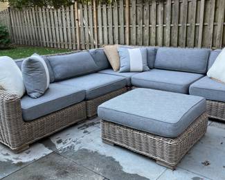 RH Provence Classic Size L Shape Modular Sectional Sofa. Set Includes 1 Modular Left and 1 Modular Right Arm Chair Plus Cushions, 2 Modular Armless Chairs Plus Cushions, 1 Corner Chair Plus Cushions and Ottoman Plus Cushion. Measures As Picture 108.75" x 108.75" x 36.25" D. All Cushions Are Perennials Textured Basketweave Fog. Photo 1 of 4.