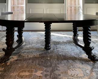 Vintage Walnut Finish 54" Round Jacobean Style Dining Table with Barely Twist Legs and Claw Feet. Extends to 93" with 4 Leaves. 29" H with 4" Apron. Photo 1 of 9.