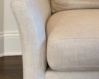 Custom-Designed Two-Seat Down Filled Sofa Upholstered In A Neutral Oatmeal Colored Heavy-Duty Linen Fabric. Measures 88" W x 38" D. Photo 4 of 4.