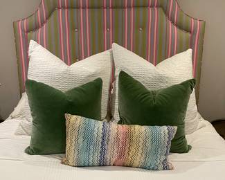 Custom Upholstered Queen Bed Frame in Pine Cone Hill Dots & Stripes Fabric. Pair of Sarah Vaille Designed Green Velvet Down Filled Pillows Measuring 20" x 20" and Missoni Lumbar Pillow Available, Too. Photo 1 of 2.