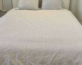 Mandarine Sourced Off-White Herringbone Upholstered Queen Bed Frame with Nail Head Trim. Height Measures 56" H. Photo 1 of 6.