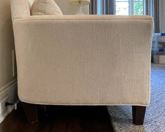 Custom-Designed Two-Seat Down Filled Sofa Upholstered In A Neutral Oatmeal Colored Heavy-Duty Linen Fabric. Measures 88" W x 38" D. Photo 2 of 4.