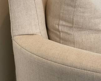 Custom-Designed Two-Seat Down Filled Sofa Upholstered In A Neutral Oatmeal Colored Heavy-Duty Linen Fabric. Measures 88" W x 38" D. Photo 3 of 4.