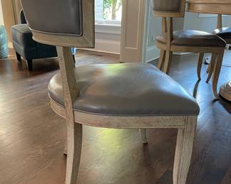 Set of 5 Global Views Klismos Dining Chairs with Grey Leather Upholstered Seats & Weather Oak Frames. Each Measures 25" W x 22" D x 34" H with 19" Seat Height. Photo 2 of 5.