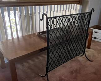 MCM coffee table and iron fireplace screen