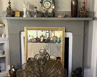Antique Porcelain Clock, Brass Candlesticks and Fan Shaped Fireplace Screen