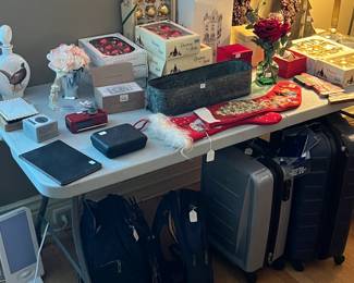 luggage and Christmas items and decorations