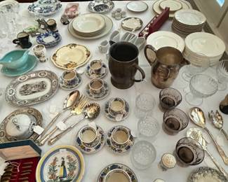 Quimper, Staffordshire and silverplate serving pieces