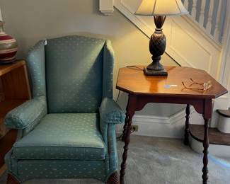 Upholstered Wing Back Chair and End Table