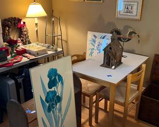 posters and oak book shelves