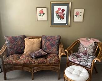 rattan love seat, chair and ottoman