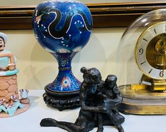bronze of mother and child, cloisonne dragon vase
