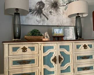 Custom Painted Chest,  Smokey Grey Table Lamps 