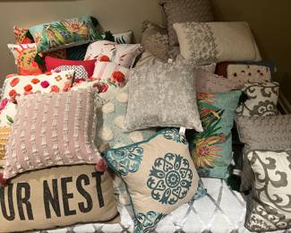 Tons of decorator and expensive custom pillows in NEW condition 