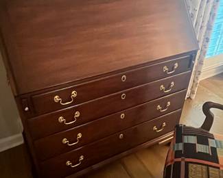 1980s Henkel Harris Mahogany John Hancock Secretary Desk - Hidden Compartments