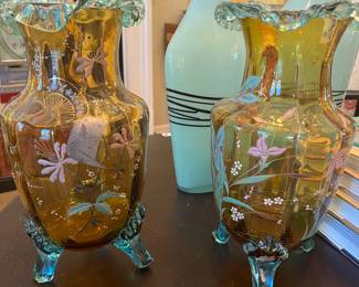 Bohemian Celestial Blue And Amber Applied Glass Vase A VERY RARE LARGE PAIR IN MINT CONDITION 