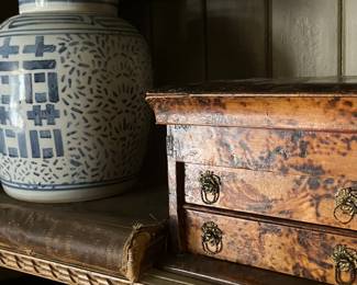 Antique blue and white.  Circa 1840s burled chest salesman’s sample.