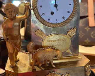 French Gilt Bronze Figural Mantel Clock Cherub with Dog 19th century