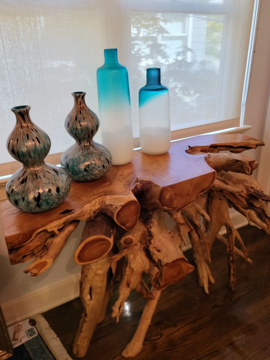 Large very nice driftwood table and assorted blown art glass 