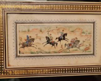 "bone" and onyx framed ornate antique asian painting