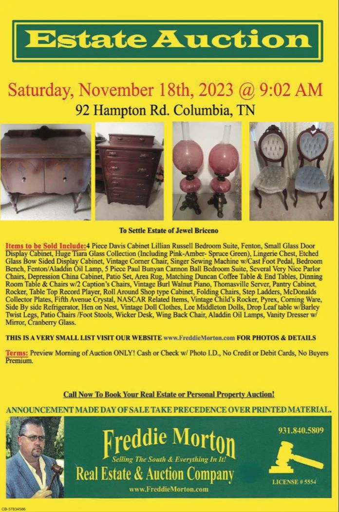 Jewel Briceno Estate Auction in Columbia, TN starts on 11/18/2023