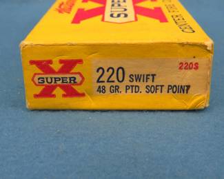 Lot 336. Western Super X 220 Swift.&nbsp; 48 grain soft point.&nbsp; Full box of 20 rounds.&nbsp; Box is in very good condition.