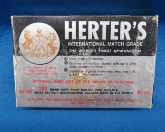 Lot 113. Herter's 30-06 180 grain soft point banana peel bullets.&nbsp; Full box of 20 rounds.
