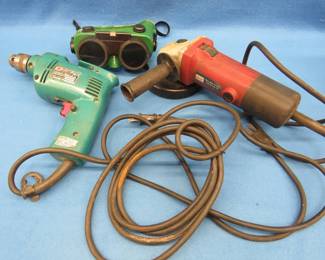 Lot 187. Angle grinder,&nbsp; Makita drill and shaded goggles