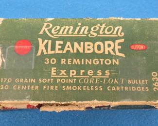 Lot 168. Remington Kleanbore 30 Remington.&nbsp; Eighteen rounds of 170 grain soft point.&nbsp; Box is in poor condition.