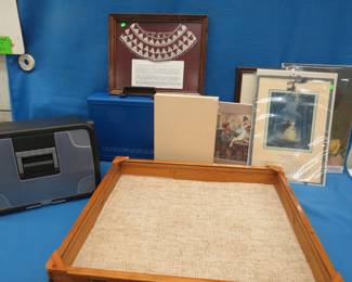 Lot 192. Sterilite case, prints, framed artwork, display box (needs glass), and more