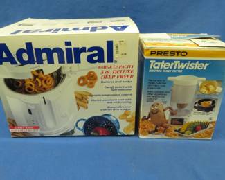 Lot 101. Admiral 3qt deep fryer and a Presto electric curly potato cutter, both look to be NOS