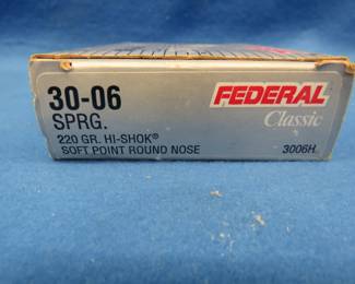 Lot 110. Federal 30-06 Springfield 220 grain Hi-Shok soft point round nose.&nbsp; Full box of 20 rounds.
