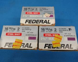 Lot 225. Three boxes of Federal 16 gauge.&nbsp; 2 3/4" steel magnum.&nbsp; 75 total rounds.