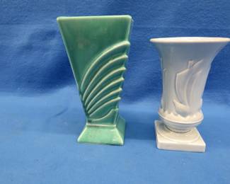 Lot 257. Sailboat motif vase in excellent condition and a marked McCoy vase with some edge damage