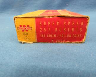 Lot 161. Winchester Super-Speed 257 Roberts.&nbsp; 100 grain hollow point.&nbsp; Full box of 20 rounds.&nbsp; Loose tabs on the box.