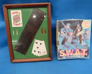 Lot 183. Framed cribbage hand (sadly a 28 not a 29) and a "Swat" puzzle