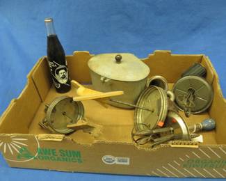 Lot 98. Vintage churn pieces, hand mixers, a Col. Albert Lea Dr Pepper bottle, and more