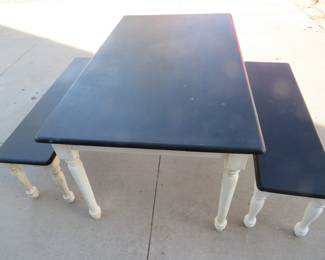 Lot 234. 59" long x 35" high x 30" wide wooden kitchen table with two bench seats in excellent condition